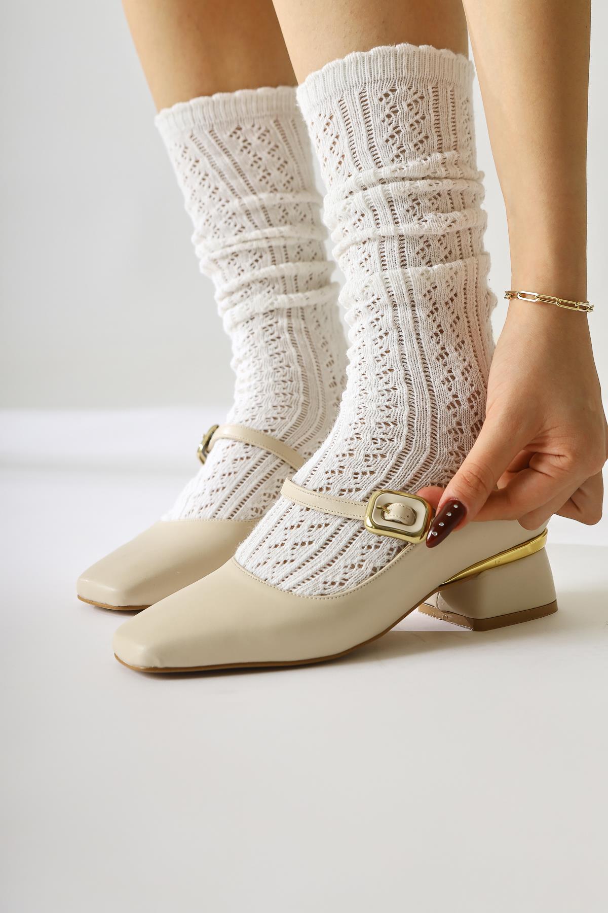 Abby Beige Flat Toe Buckle Detail Casual Shoes