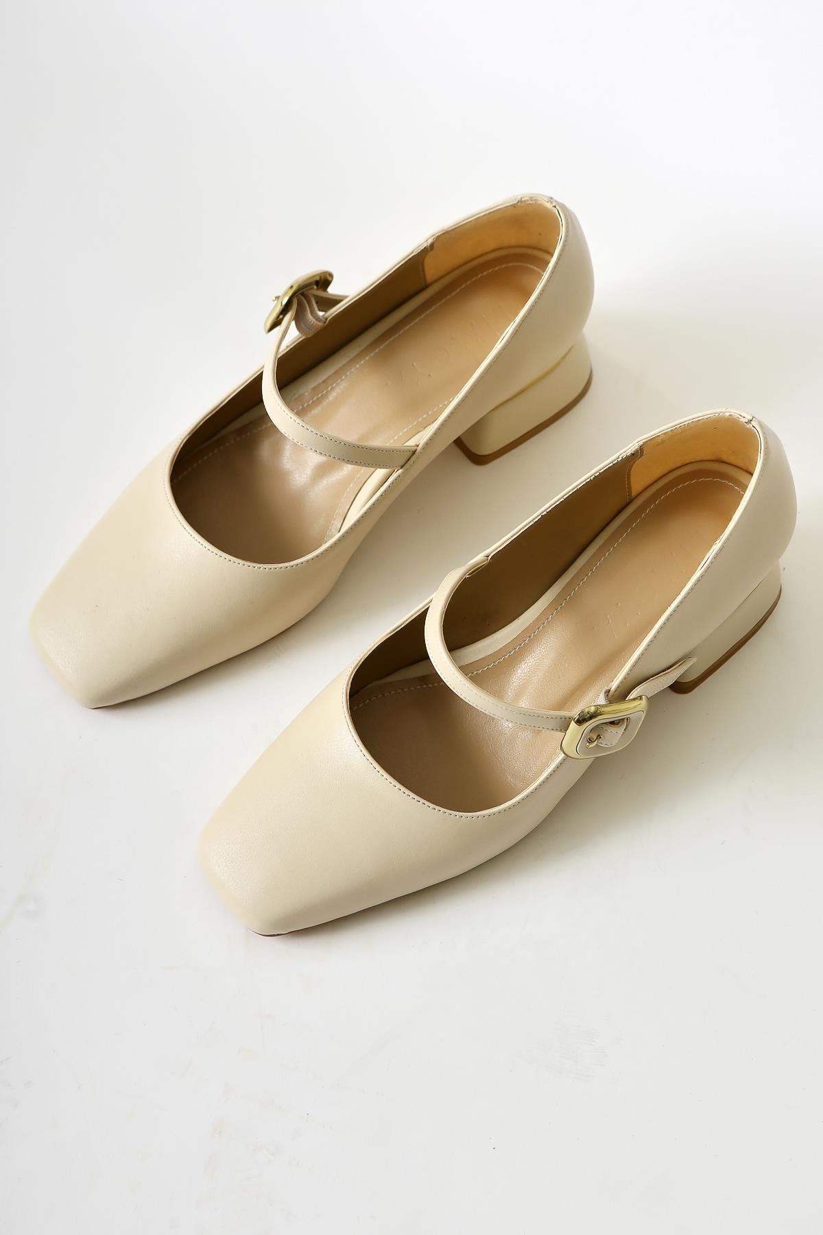 Abby Beige Flat Toe Buckle Detail Casual Shoes