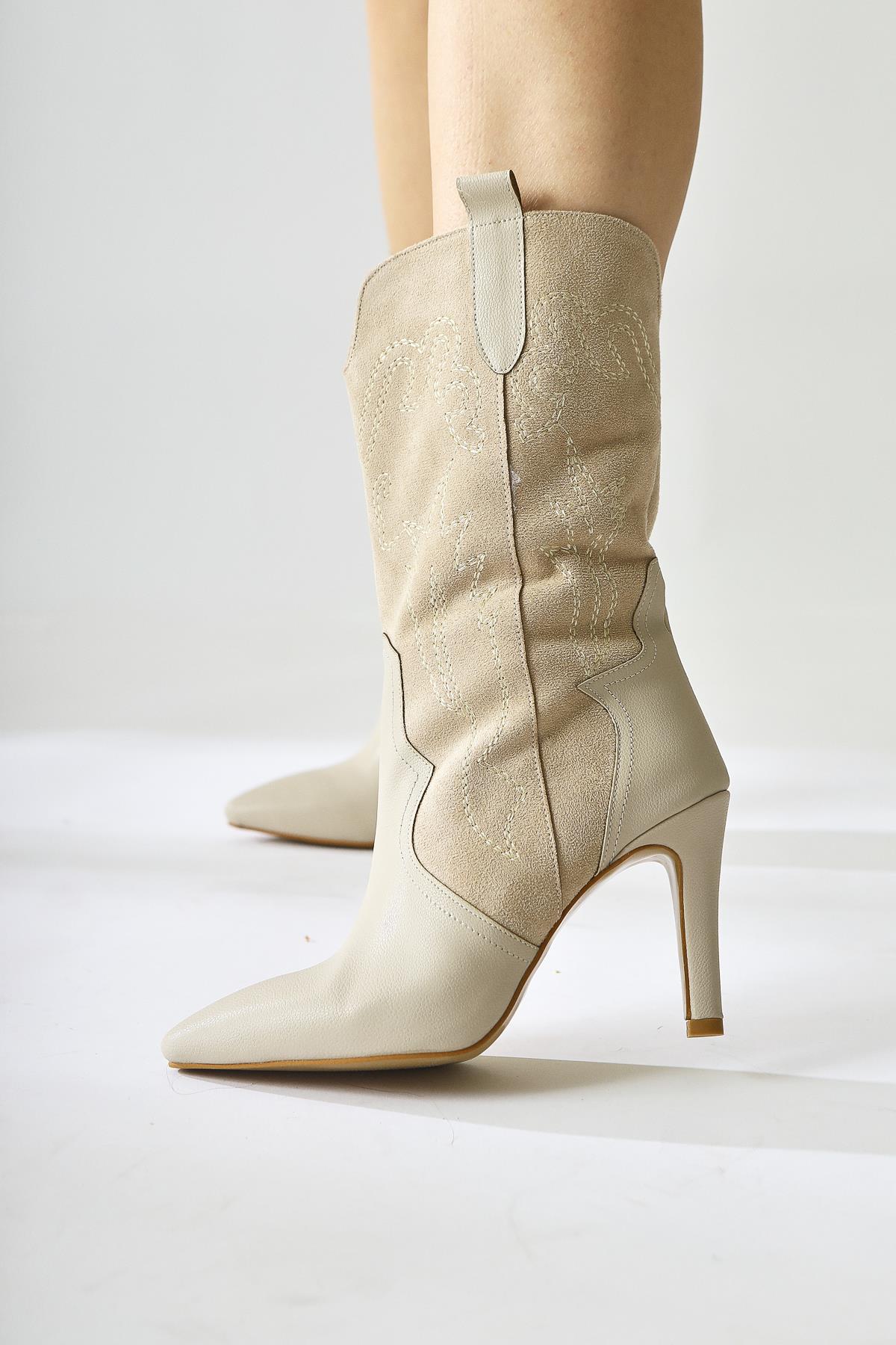 Abigael Beige Suede Leather Detailed Embroidered Thin Heel Boots