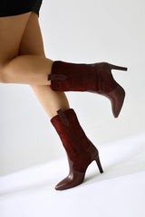 Abigael Burgundy Suede Leather Detailed Embroidered Thin Heeled Boots