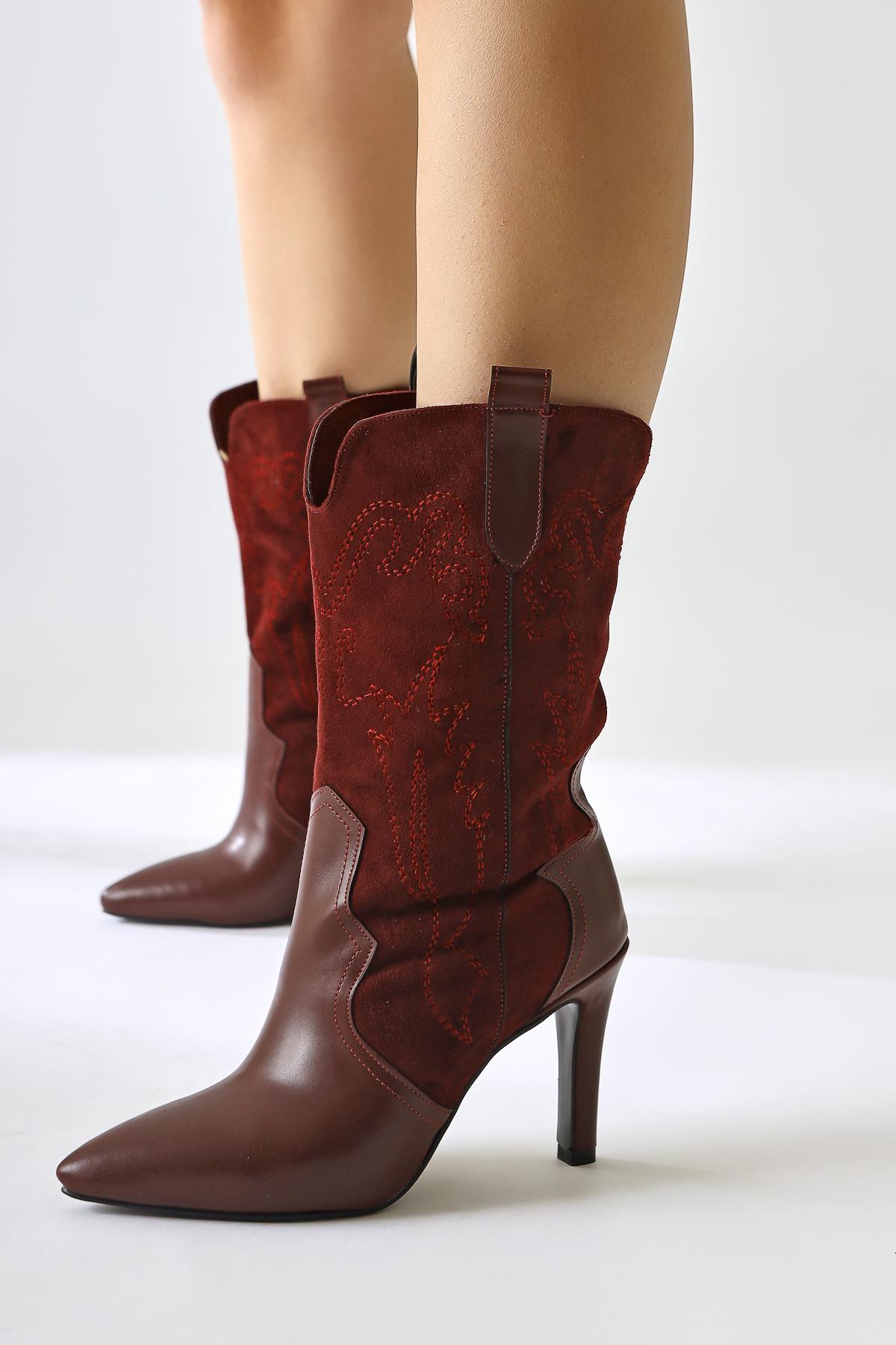 Abigael Burgundy Suede Leather Detailed Embroidered Thin Heeled Boots