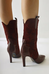 Abigael Burgundy Suede Leather Detailed Embroidered Thin Heeled Boots