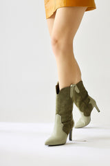 Abigael Khaki Suede Leather Detailed Embroidered Thin Heeled Boots