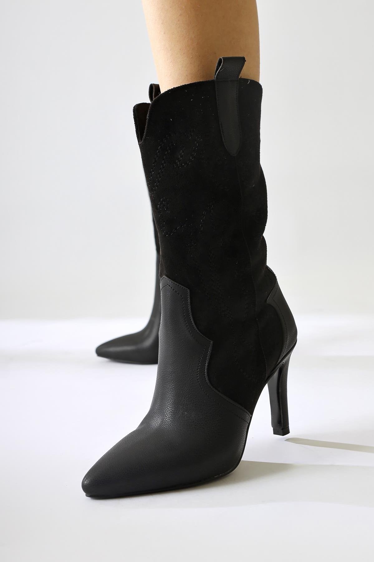 Abigael Black Suede Leather Detailed Embroidered Thin Heel Boots