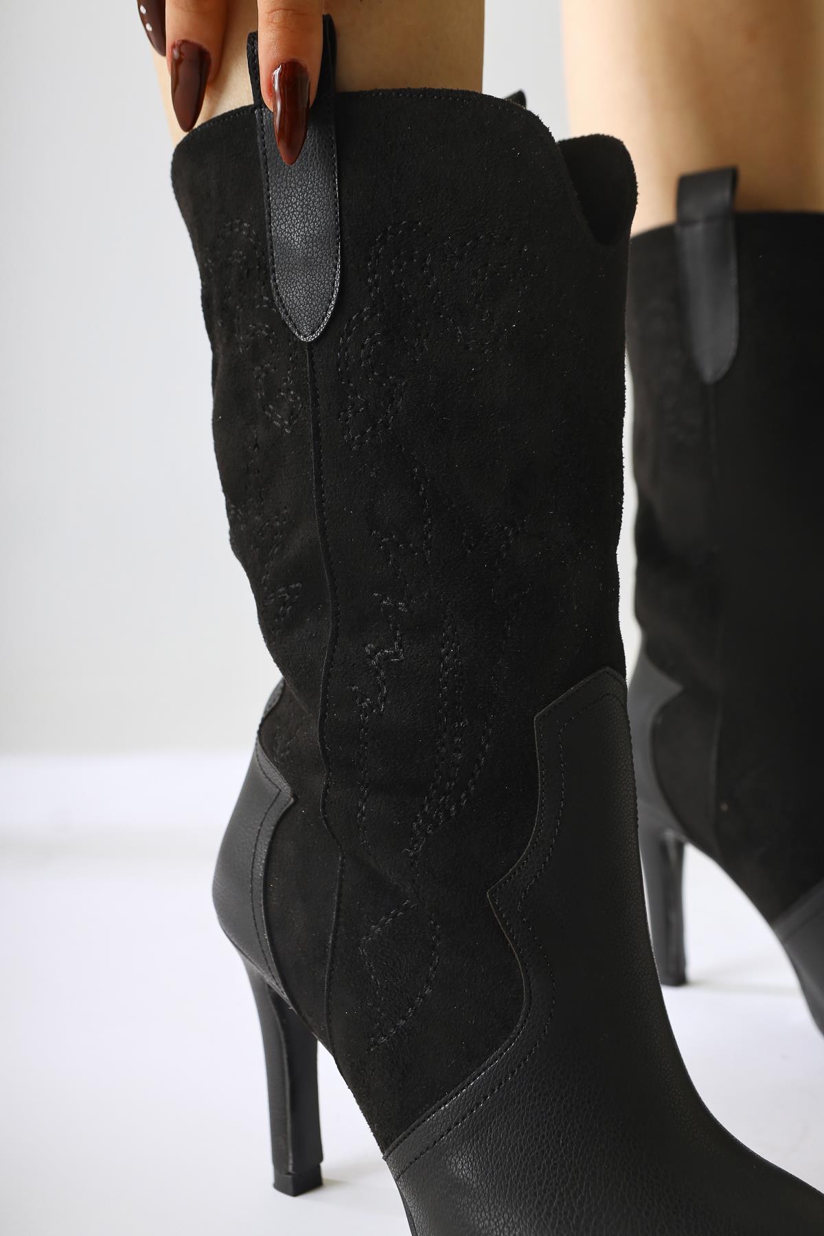 Abigael Black Suede Leather Detailed Embroidered Thin Heel Boots