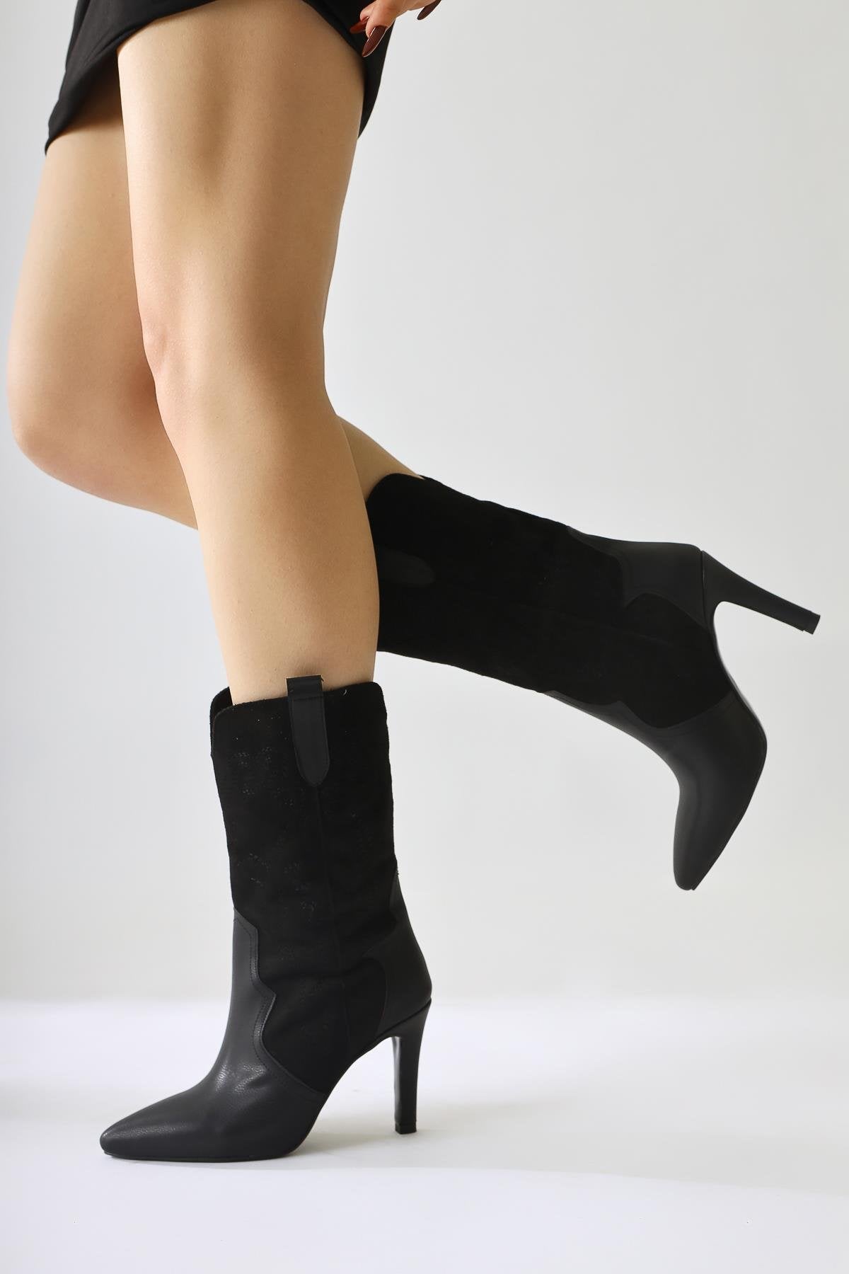 Abigael Black Suede Leather Detailed Embroidered Thin Heel Boots