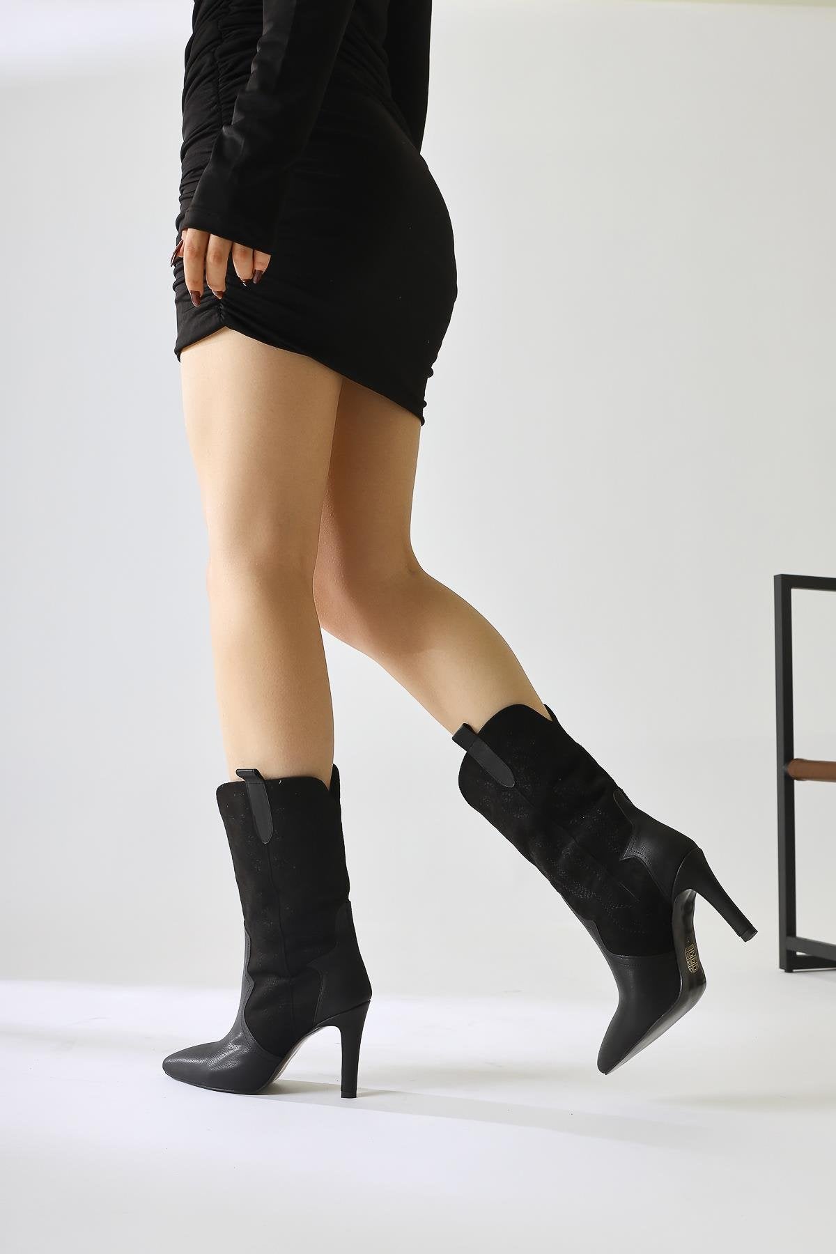 Abigael Black Suede Leather Detailed Embroidered Thin Heel Boots