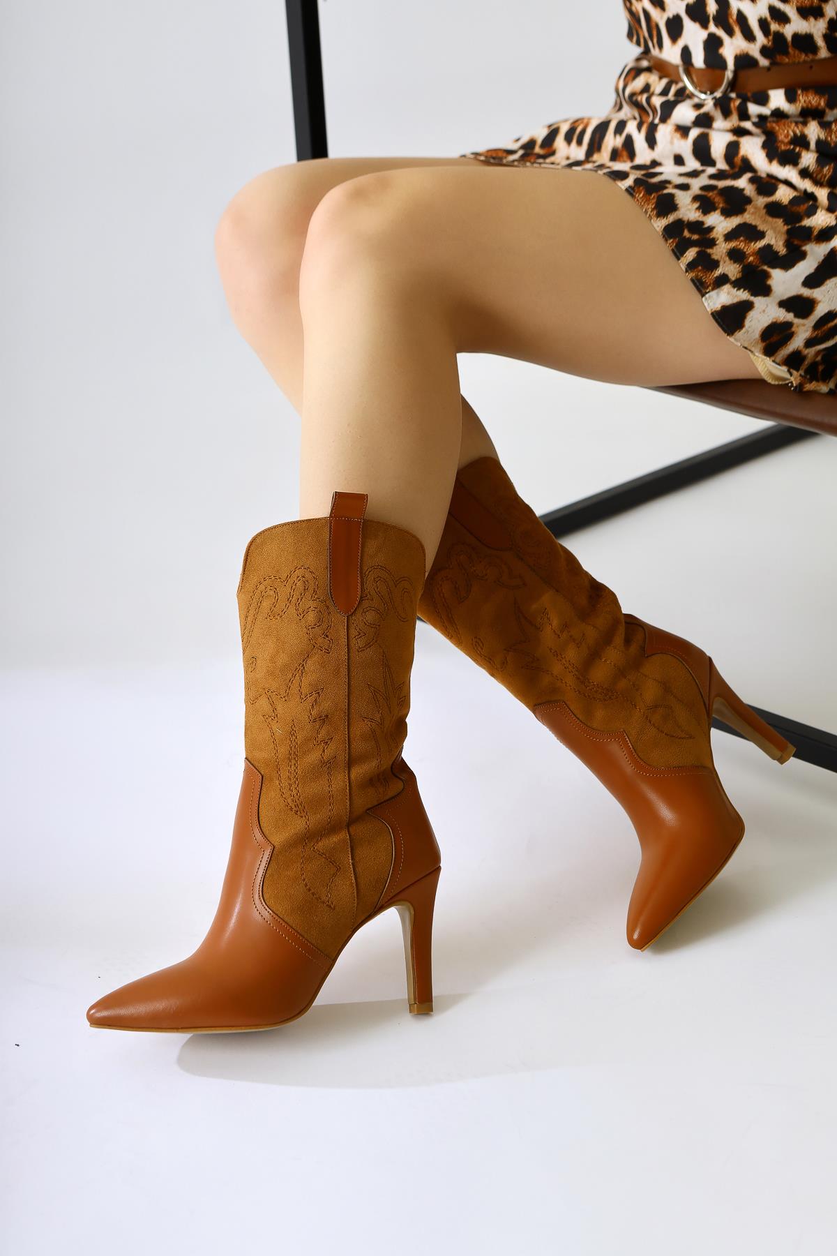 Abigael Brown Suede Leather Detailed Embroidered Thin Heeled Boots