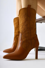 Abigael Brown Suede Leather Detailed Embroidered Thin Heeled Boots