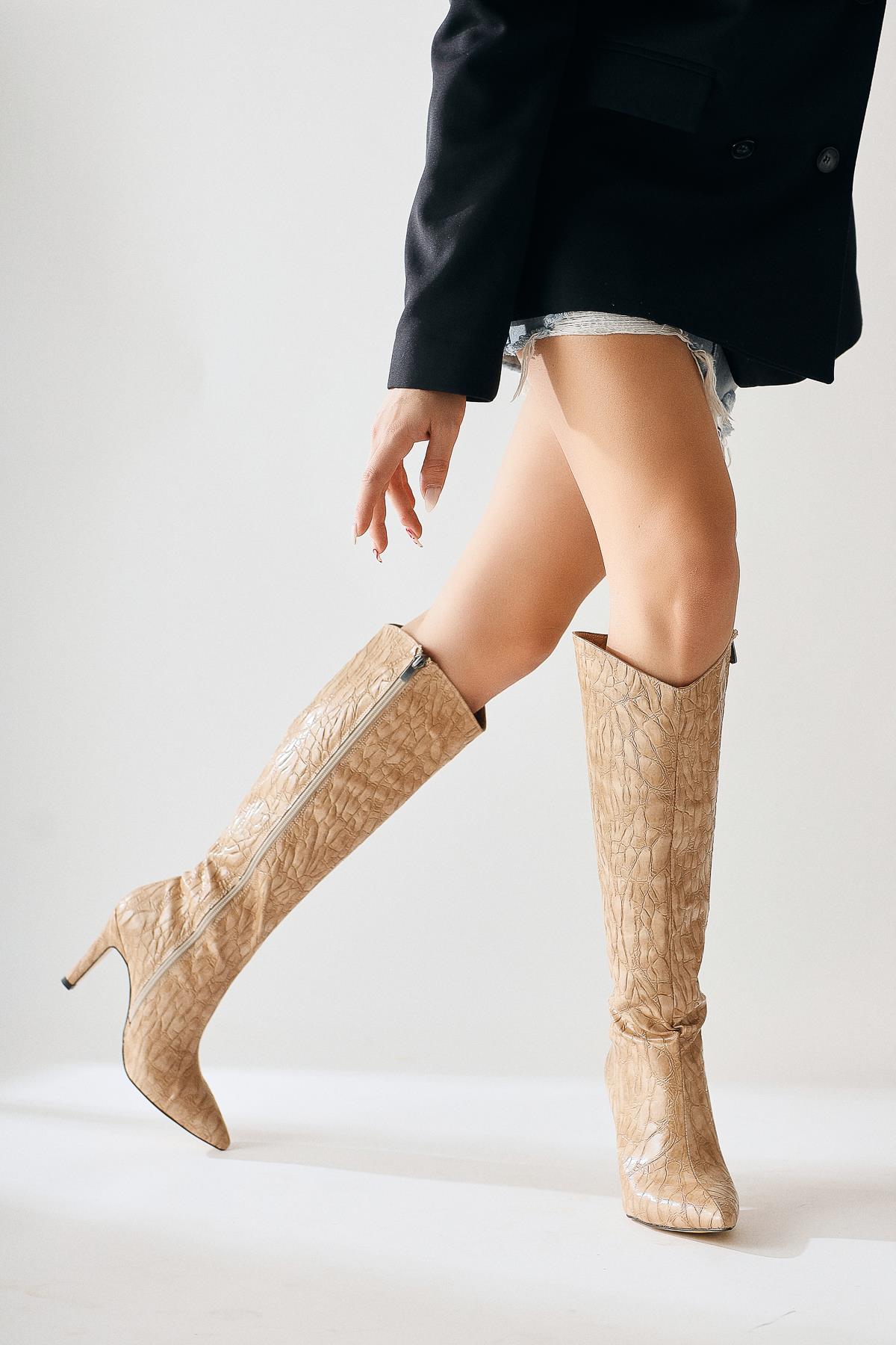 Achara Beige Crocodile Pointed Toe Zippered Boots