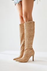 Achara Beige Crocodile Pointed Toe Zippered Boots