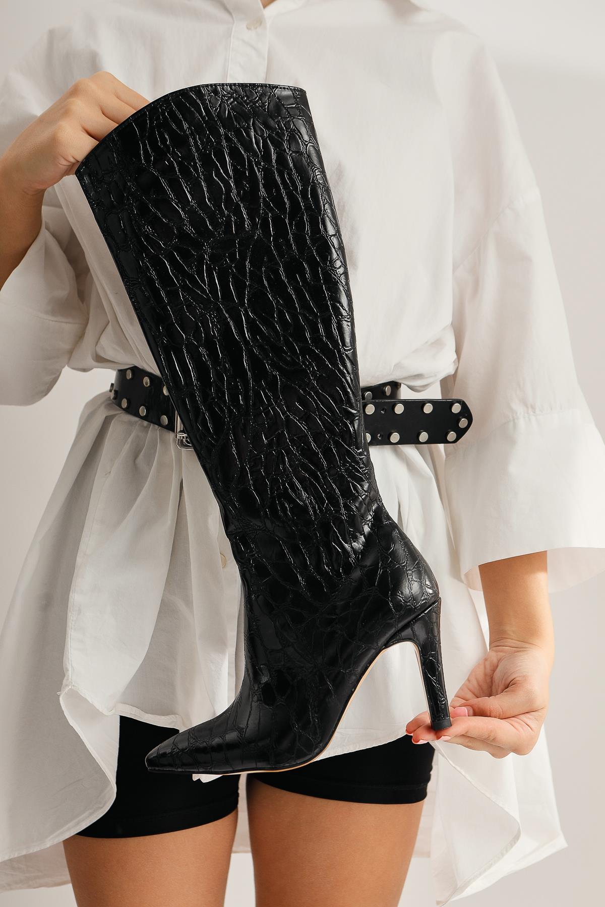 Achara Black Pointed Toe Zipper Boots