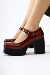 Adelin Claret Red Patent Leather Oval Toe Platform Casual Shoes