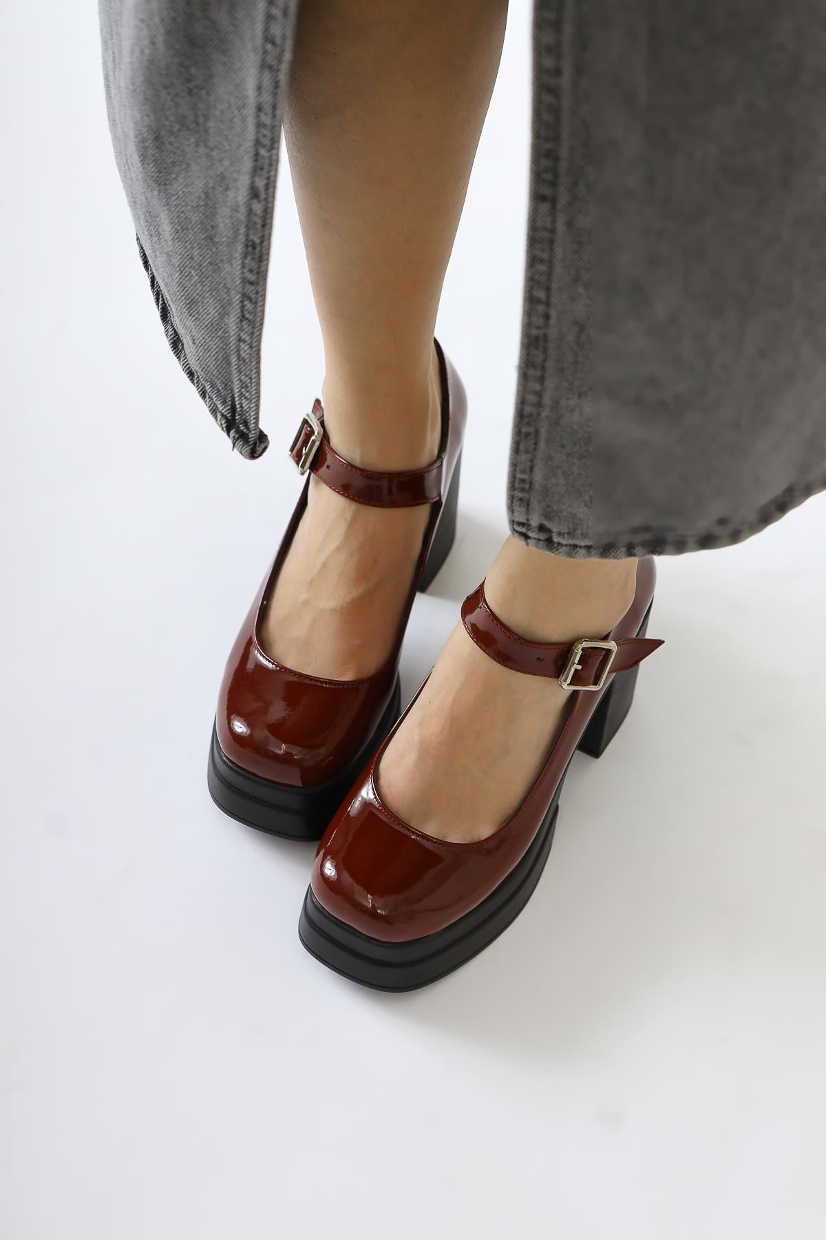 Adelin Claret Red Patent Leather Oval Toe Platform Casual Shoes