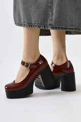 Adelin Claret Red Patent Leather Oval Toe Platform Casual Shoes