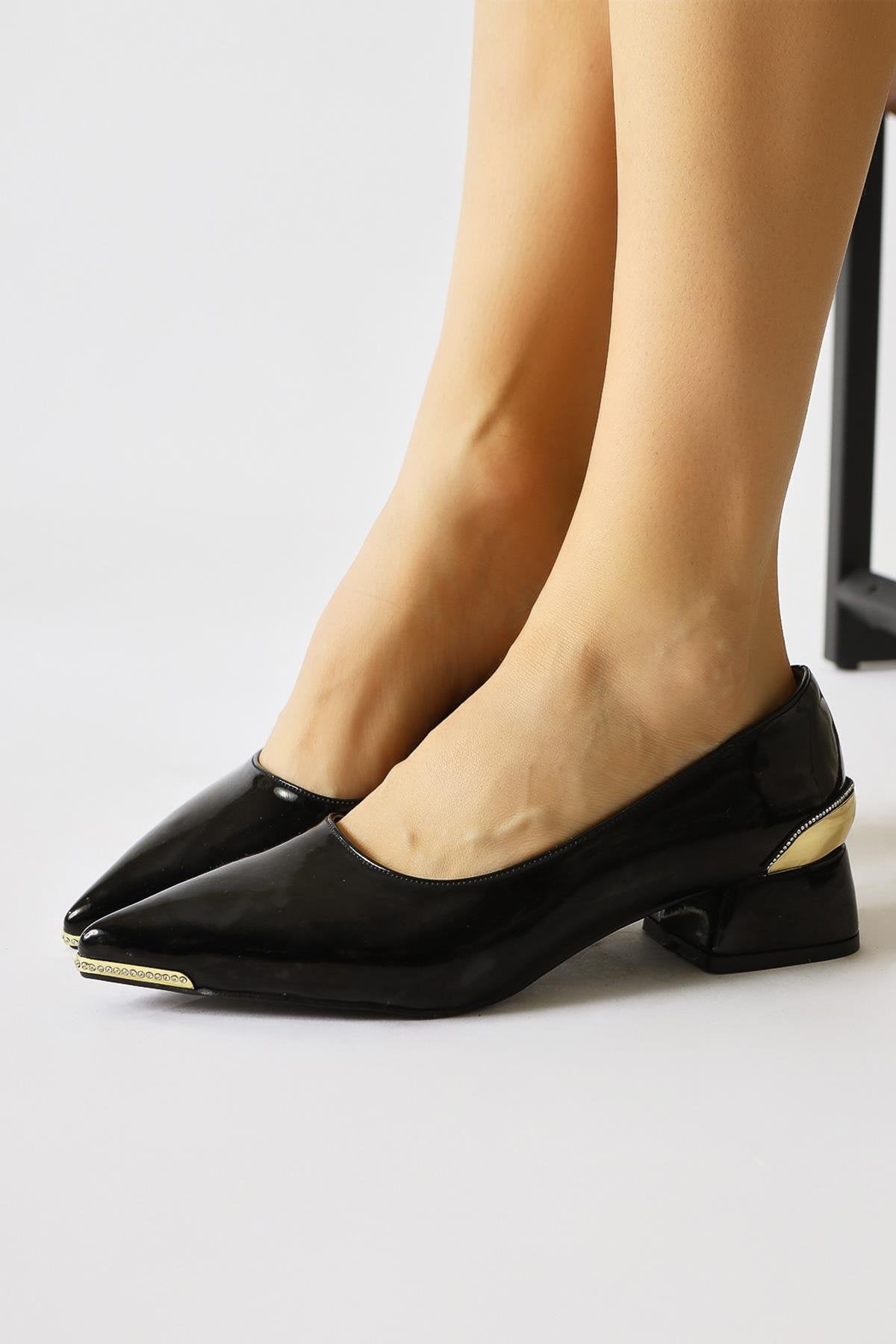 Alica Black Patent Leather Pointed Toe Stone Detailed Low Heel Shoes