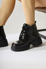 Allyson Black Patent Leather Metallic Toe Boots