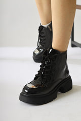 Allyson Black Patent Leather Metallic Toe Boots