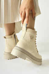 Amona Beige Shiny Stone Detailed Lace-Up Boots