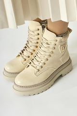 Amona Beige Shiny Stone Detailed Lace-Up Boots