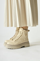 Amona Beige Shiny Stone Detailed Lace-Up Boots