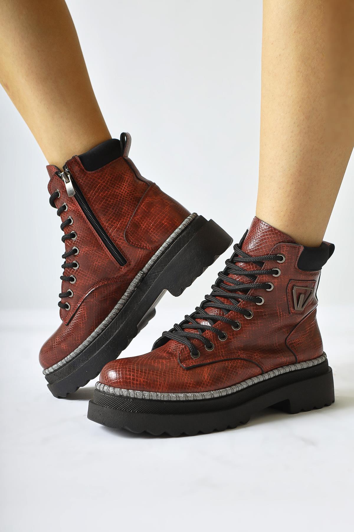 Amona Burgundy Shiny Stone Detailed Lace-Up Boots