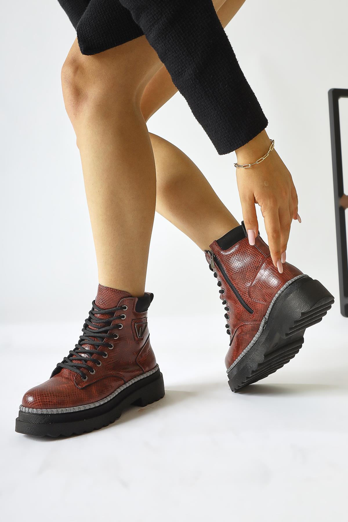 Amona Burgundy Shiny Stone Detailed Lace-Up Boots