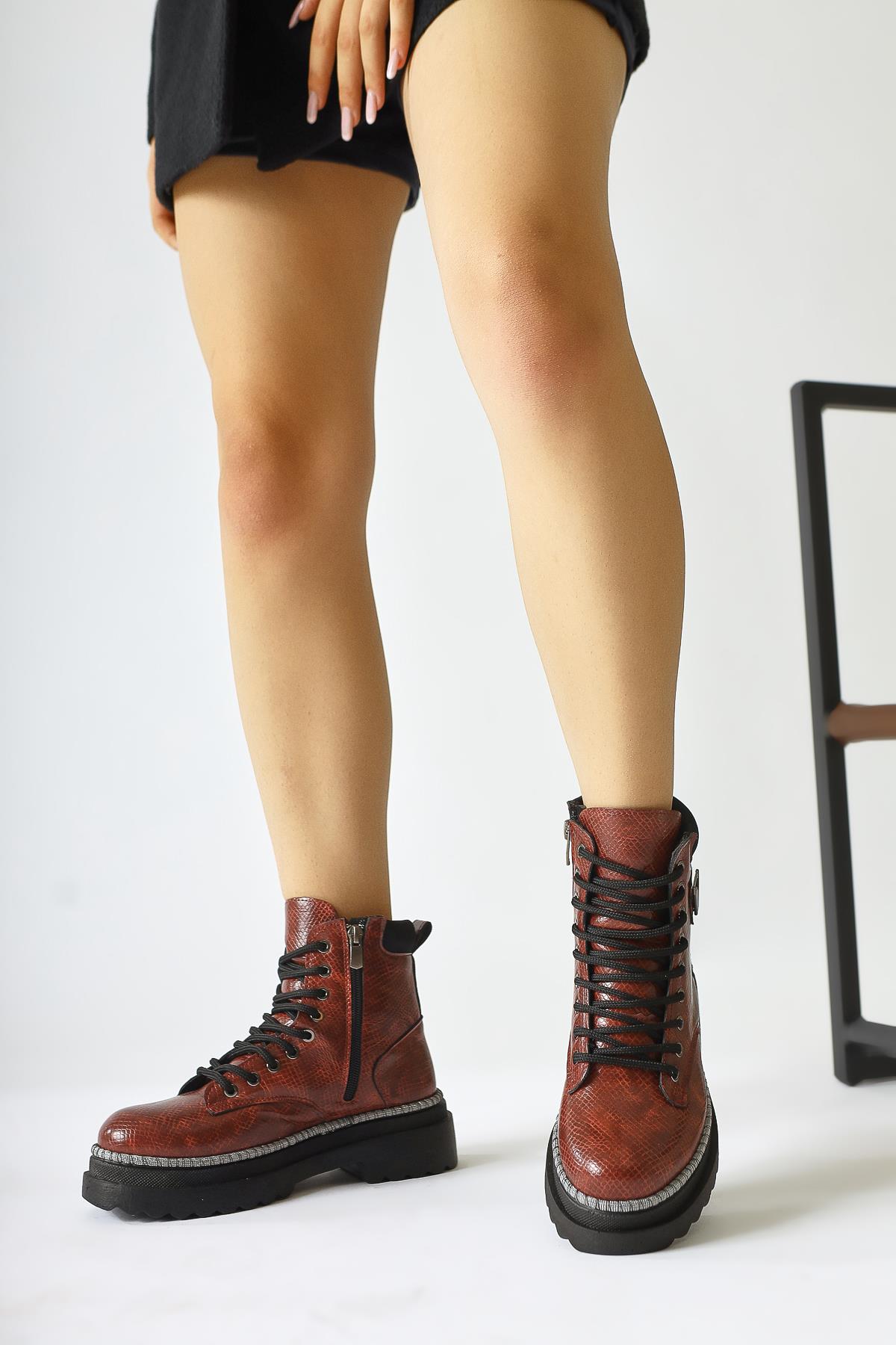 Amona Burgundy Shiny Stone Detailed Lace-Up Boots