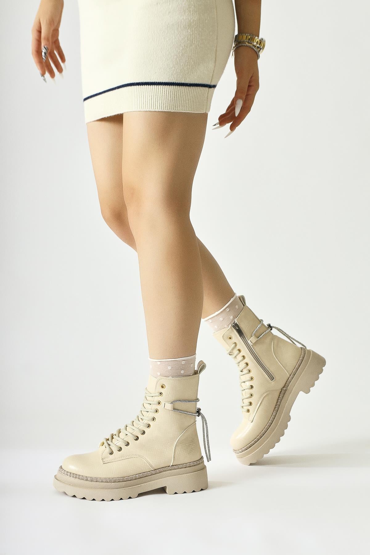 Andia Beige Shiny Stone Detailed Lace-Up Boots