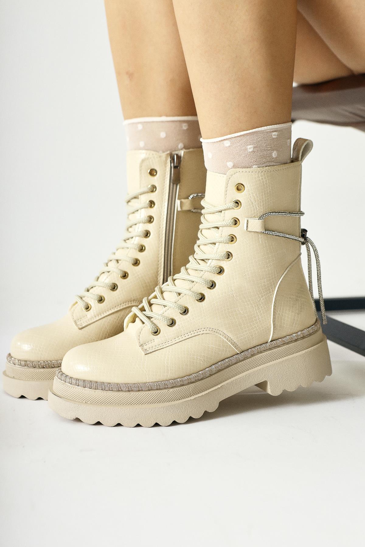 Andia Beige Shiny Stone Detailed Lace-Up Boots