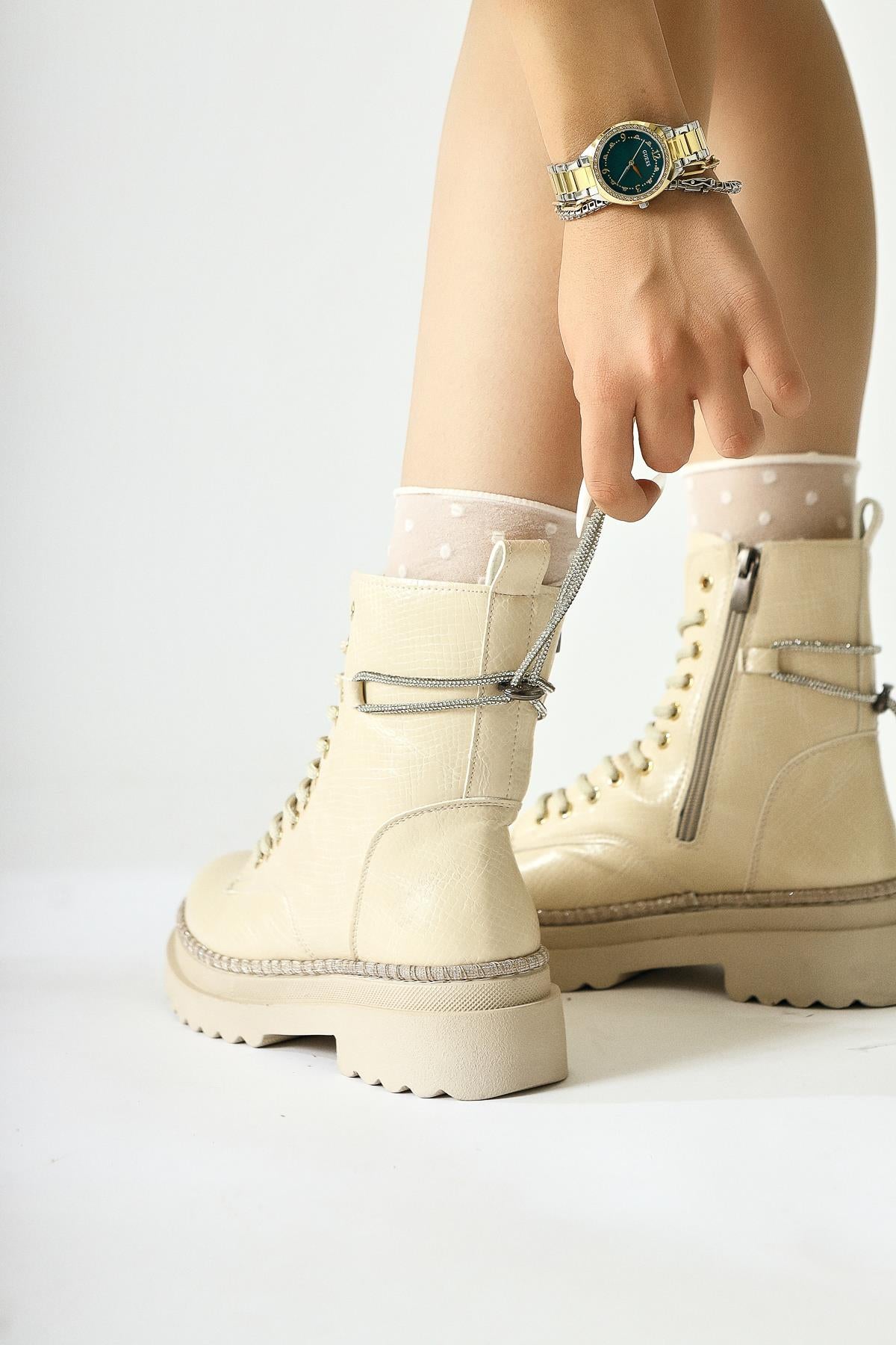 Andia Beige Shiny Stone Detailed Lace-Up Boots