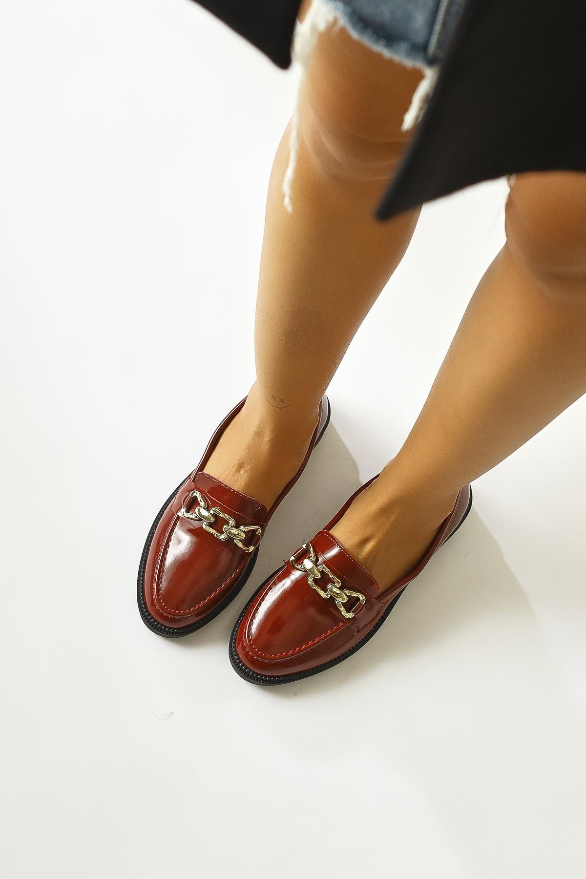 Anikka Claret Red Patent Leather Buckle Detailed Daily Shoes