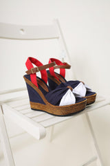 Anita Navy White Red Linen Wedge Sandals