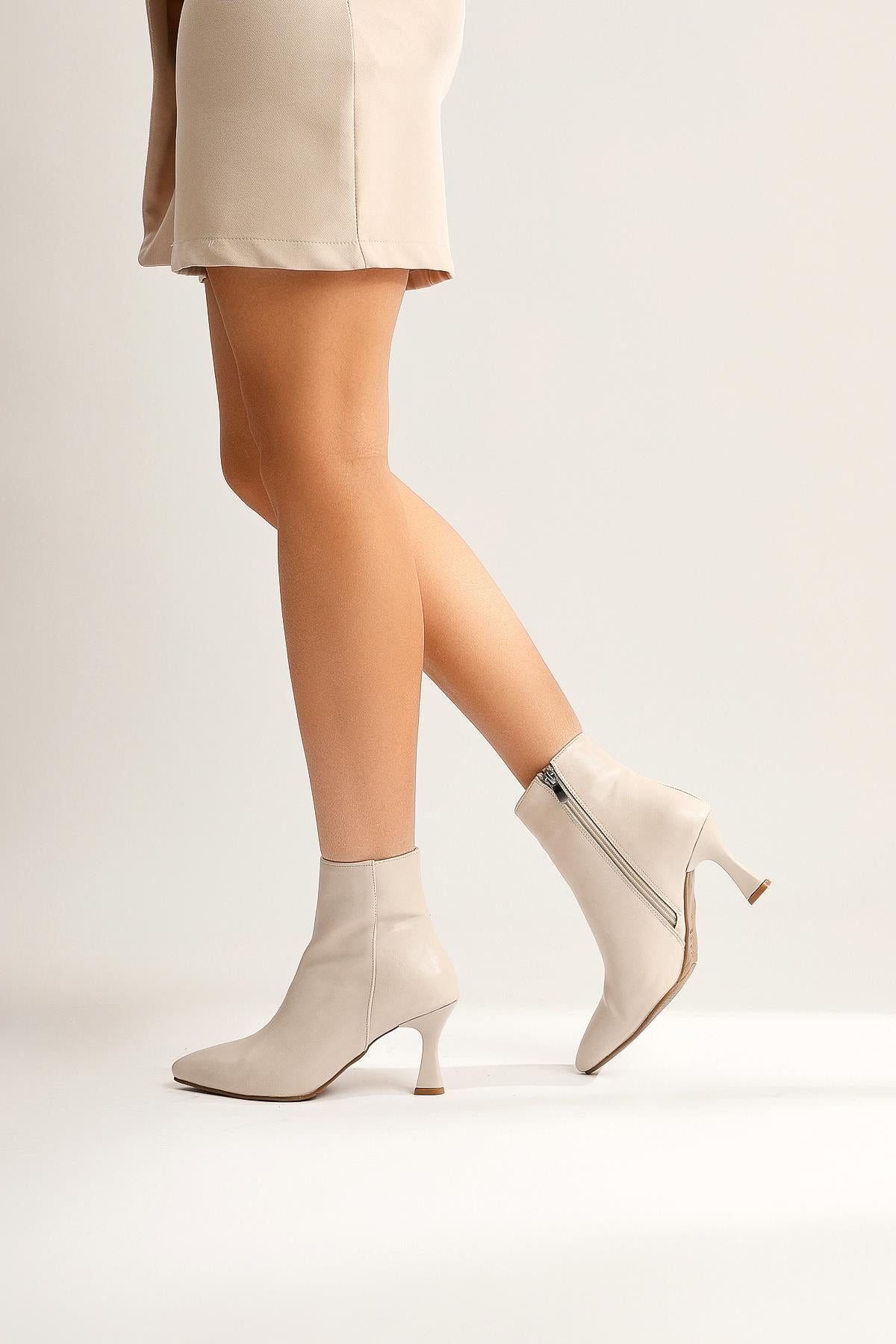 Anna Eva Beige Pointed Toe Zippered Thin Heel Boots