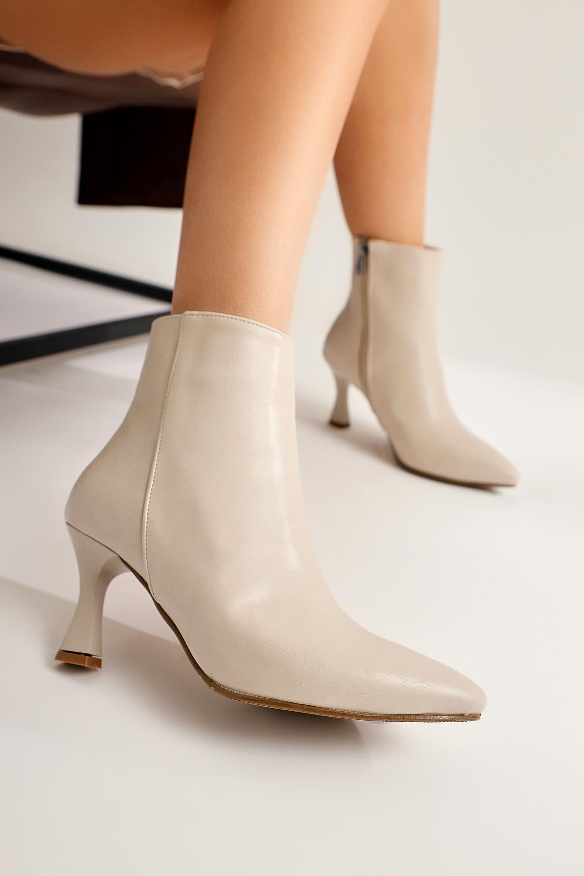 Anna Eva Beige Pointed Toe Zippered Thin Heel Boots