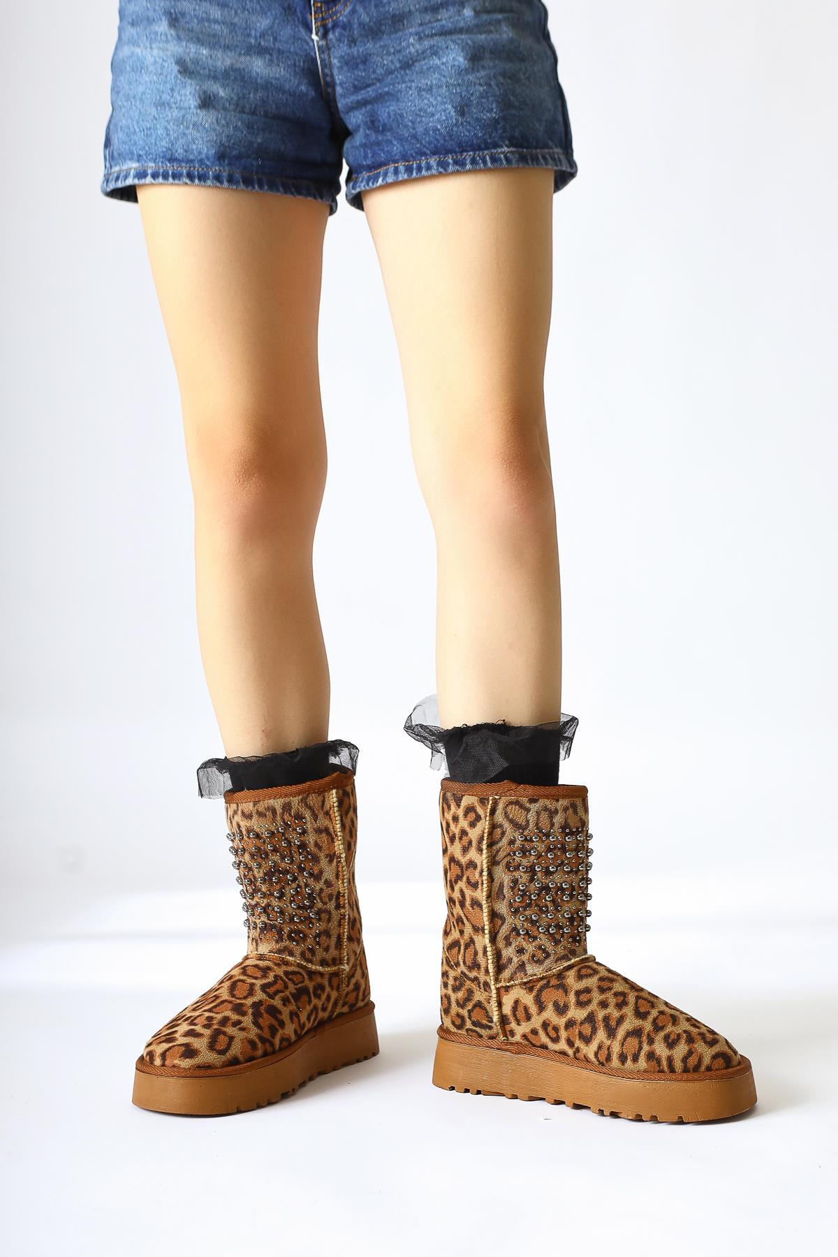 Anna-Li Leopard Patterned Suede Fur Inside Beaded Detailed Pull-On Boots