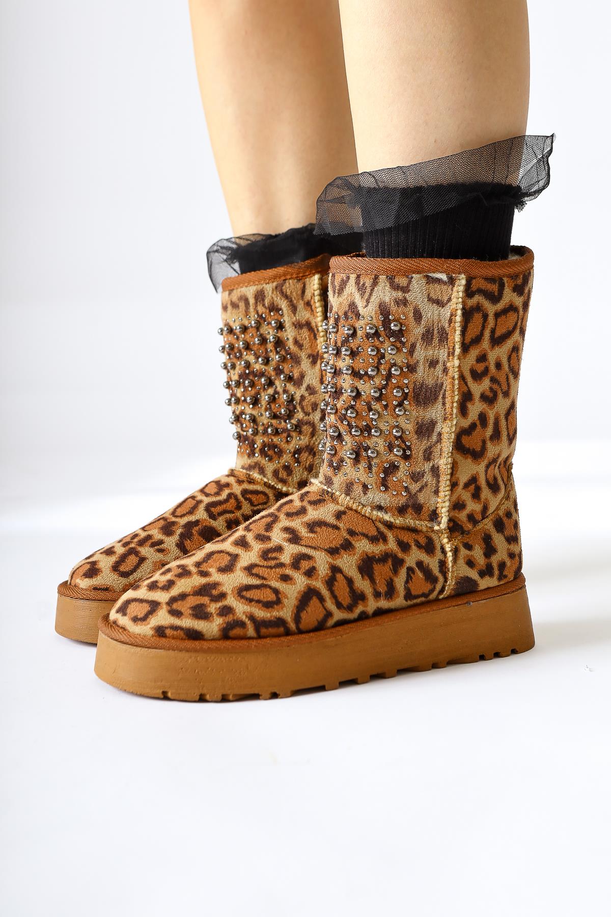 Anna-Li Leopard Patterned Suede Fur Inside Beaded Detailed Pull-On Boots