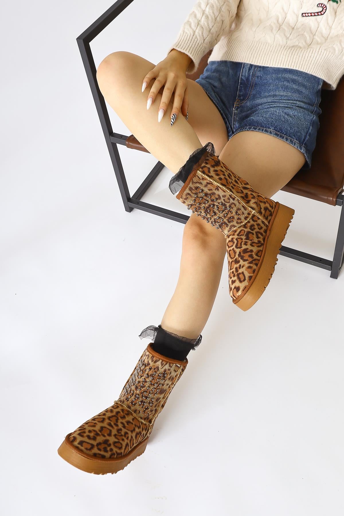 Anna-Li Leopard Patterned Suede Fur Inside Beaded Detailed Pull-On Boots