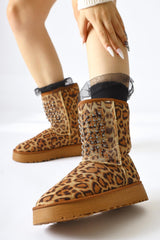 Anna-Li Leopard Patterned Suede Fur Inside Beaded Detailed Pull-On Boots