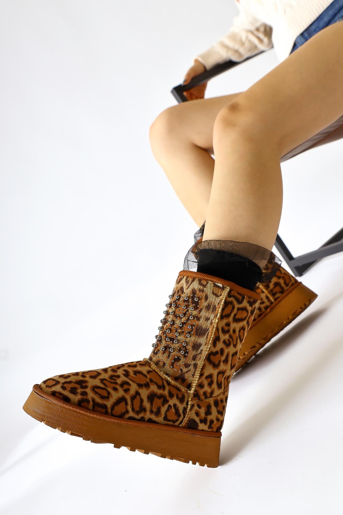 Anna-Li Leopard Patterned Suede Fur Inside Beaded Detailed Pull-On Boots