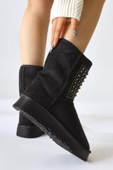 Anna-Li Black Suede Fur Inside Beaded Detailed Pull-On Boots