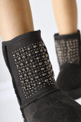 Anna-Li Black Suede Fur Inside Beaded Detailed Pull-On Boots