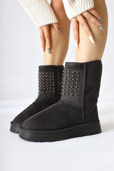 Anna-Li Black Suede Fur Inside Beaded Detailed Pull-On Boots