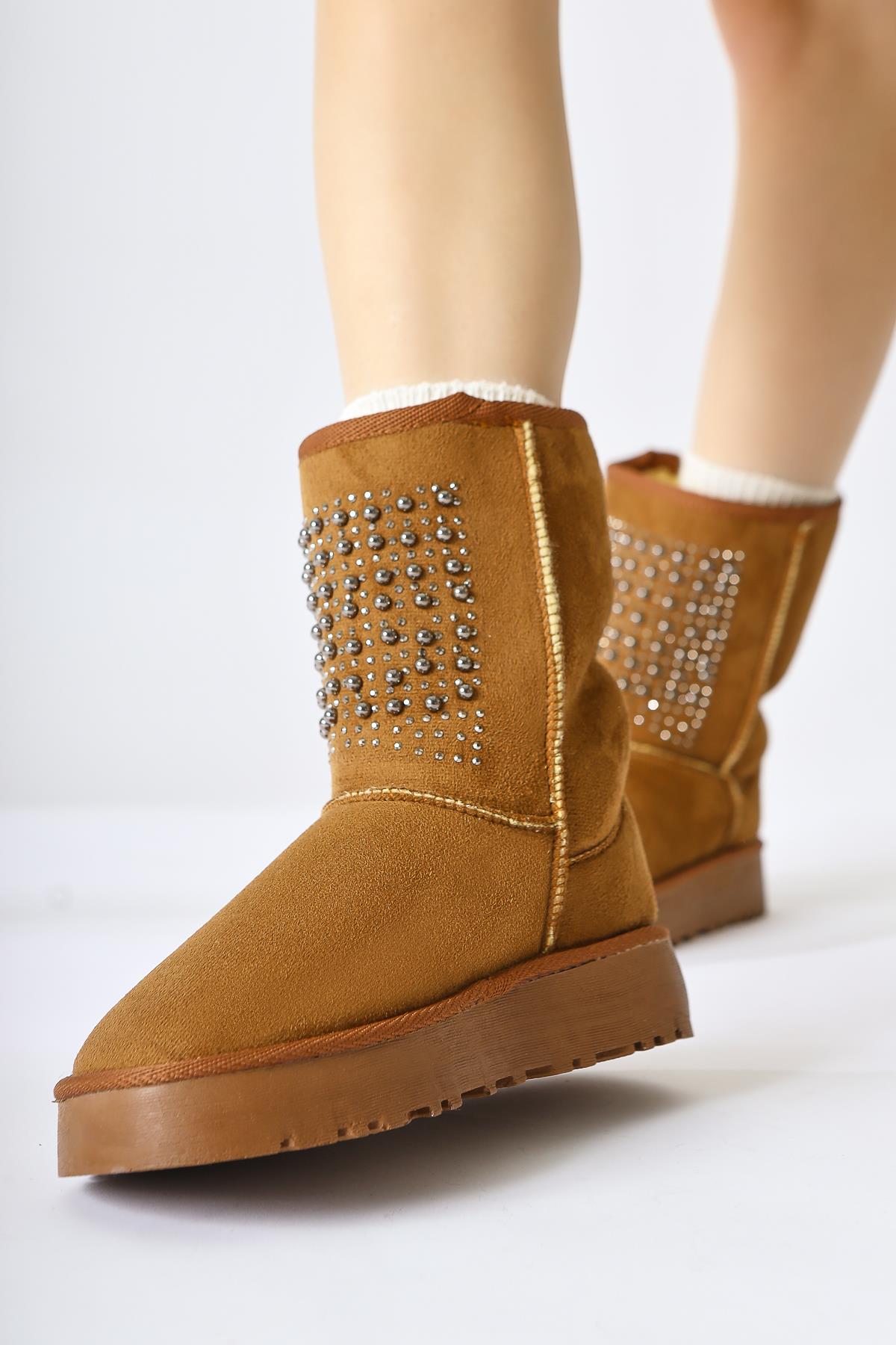 Anna-Li Brown Suede Fur Lined Beaded Detailed Pull-On Boots