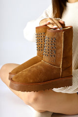 Anna-Li Brown Suede Fur Lined Beaded Detailed Pull-On Boots