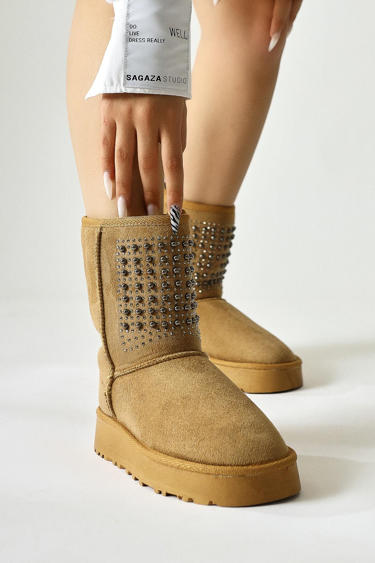 Anna-Li Mink Suede Fur Lined Beaded Detailed Pull-On Boots