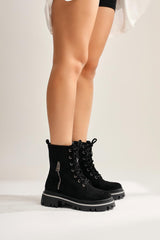 Anne-Bell Black Suede Zipper Detail Lace-Up Boots