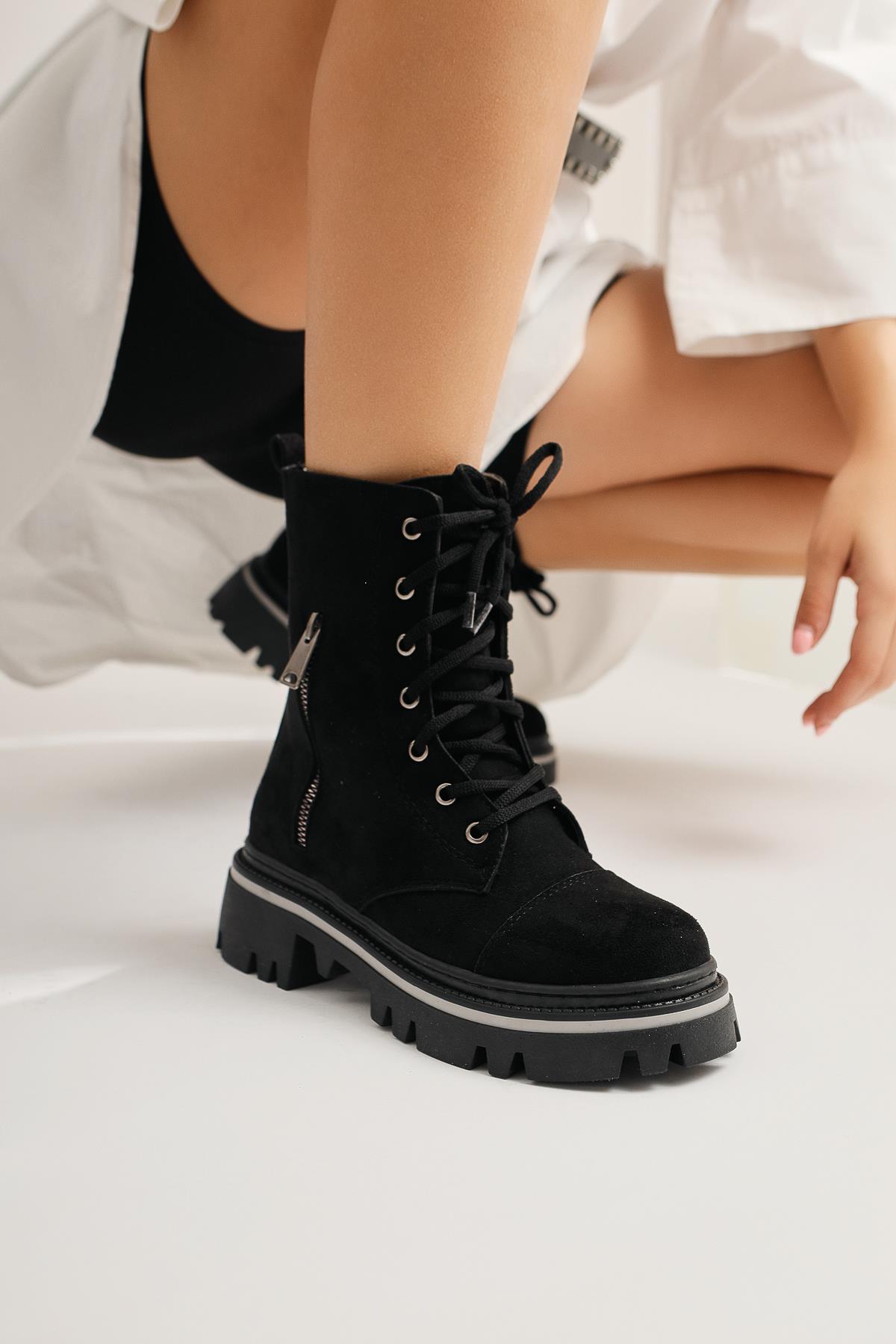 Anne-Bell Black Suede Zipper Detail Lace-Up Boots