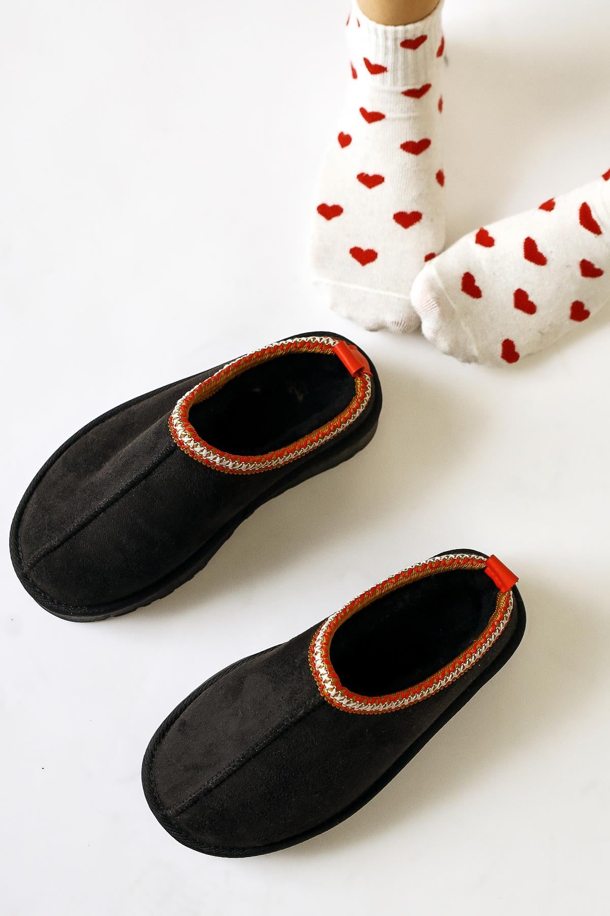 Anne-Liis Black Suede Woven Detailed Winter Slippers