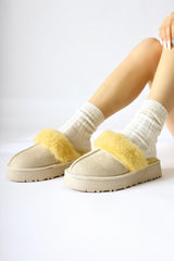 Anne-Margrete Beige Suede Faux Fur Detail Slippers